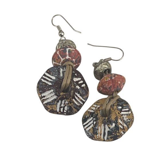 Handcrafted Tribal-Inspired Dangle Earrings Painted Ceramic Beads & Leather Boho - Picture 2 of 5